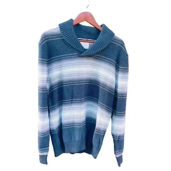 MEN’S SHAWL-COLLAR SWEATER•SIZE LARGE•BLUE, GREY AND WHITE•NWT• - Picture 1 of 6